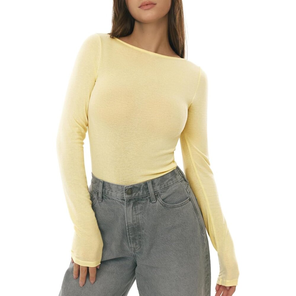 Women Butter Yellow Boat Neck Long Sleeve Shirts Merino Tops Basic Tee Cozy